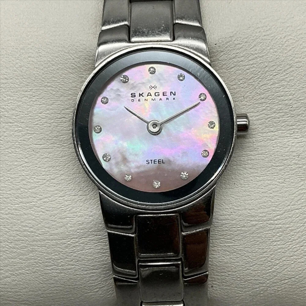 Skagen Womens Watch 22mm Pink MOP Dial Stainless Crystals New Battery 6